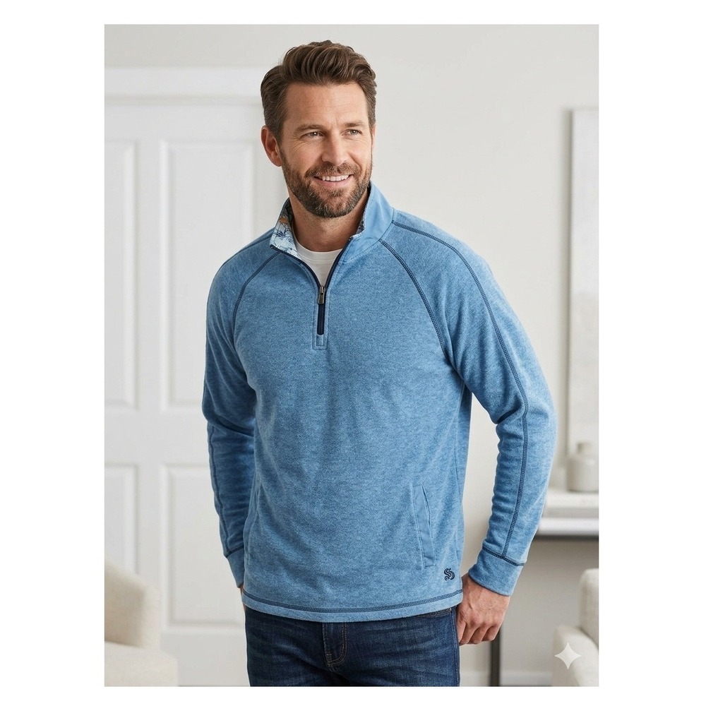 Margaritaville Mens Blue Heathered Quarter Zip Fleece Pullover Sweater Large